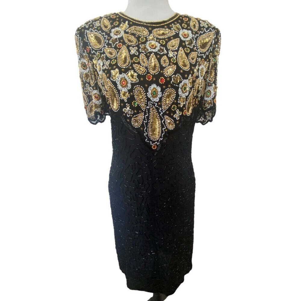 VTG Laurence Kazar Dress Beaded Cocktail Silk Black Gold Backless Art Deco M